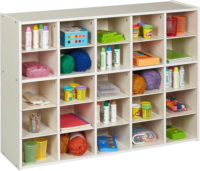 ECR4Kids Streamline 25 Cubby Tray Storage Cabinet, 5x5, Classroom Furniture, White Wash