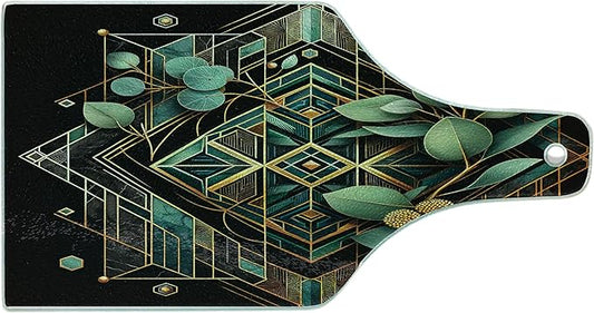 Ambesonne Eucalyptus Leaves Cutting Board, Art Deco Inspired Geometric Rhombus Ornament Botanical Look, Decorative Tempered Glass Cutting and Serving Board, Wine Bottle Shape, Black Laurel Green Amber