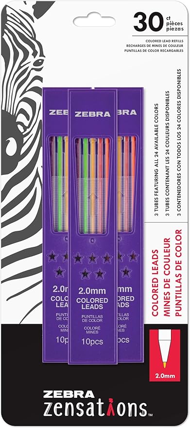 Zebra Pen Zensations Mechanical Colored Pencil Lead Refills, 2.0mm Assorted Colors, 3-Pack with 3 Tubes of 10 Refills Each, Compatible with Zensations Mechanical Pencils, 3-Pack (87103)
