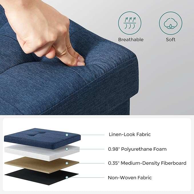 SONGMICS 43 Inches Folding Storage Ottoman Bench, Set of 2, Storage Chest, Foot Rest Stool, Bedroom Bench with Storage, Dark Blue, ULSF432Q01