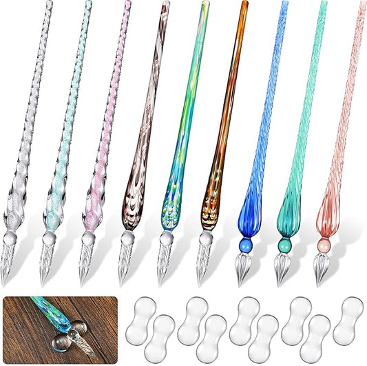 Outus 9 Pieces Glass Dip Pen Handmade Glass Signature High Borosilicate Crystal Vintage Dip Pen with 9 Pieces Penholder for Writing Drawing Calligraphy (Vintage Style,Fresh Color)
