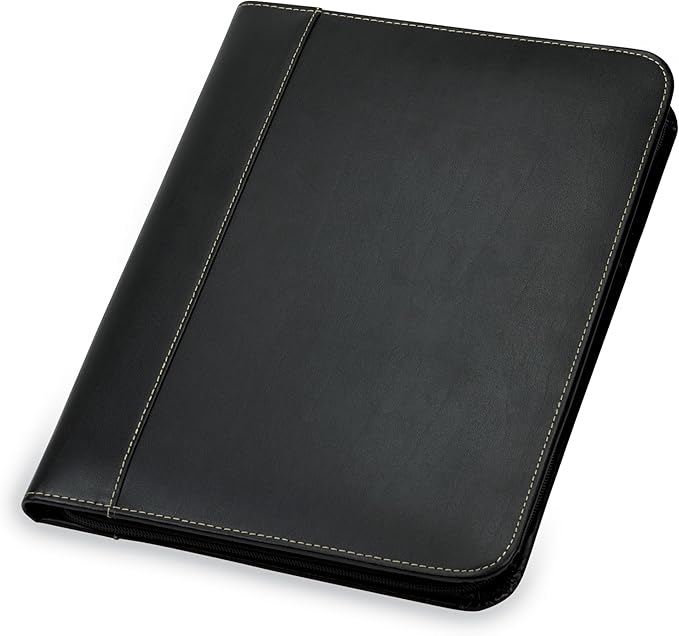 Samsill Contrast Stitch Leather Zippered Portfolio Folder/Business Portfolio for Men and Women, Resume/Document Organizer with Writing Pad, Black (71720)