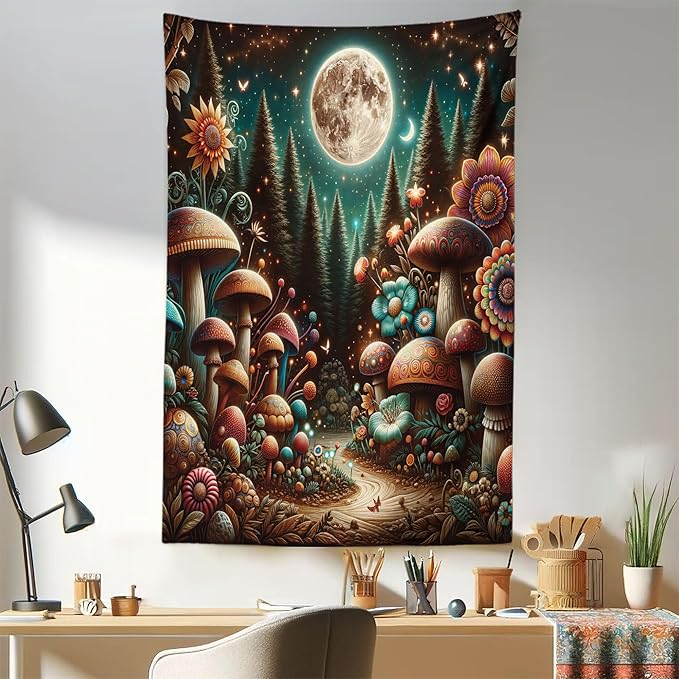 Ambesonne Aesthetic Tapestry, Colorful Psychedelic and Traditional Detailed Mushrooms Night Forest, Fabric Wall Hanging Decor for Bedroom Living Room Dorm, 30" X 45", Dark Teal Purple Orange