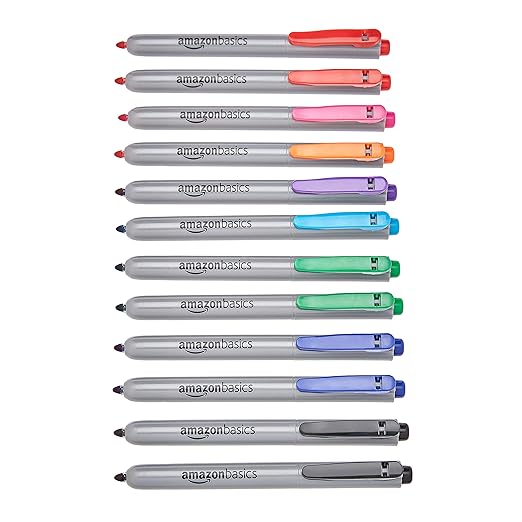 Amazon Basics Retractable Permanent Markers, Quick Drying Fade Resistant Ink, Versatile Art Supplies for Drawing, for Home, School, and Office Use, Assorted Colors, 12 Count