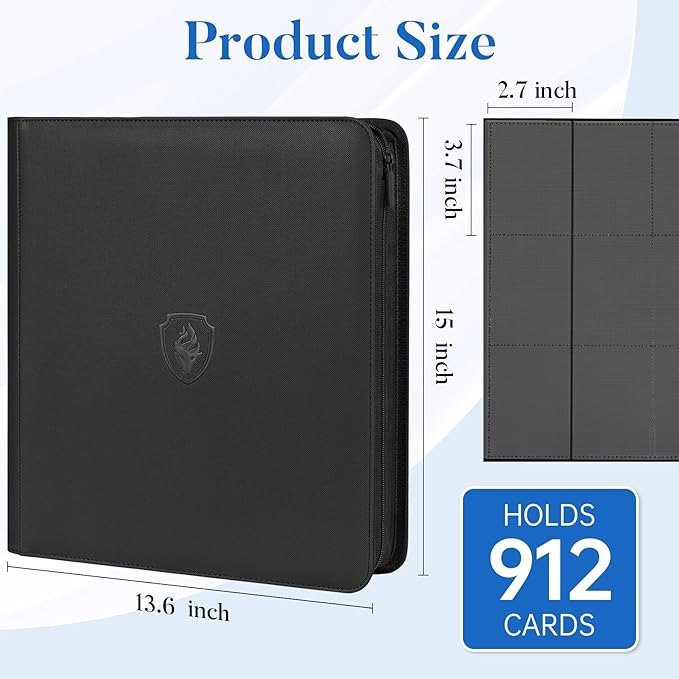 Premium Zip Card Binder 12 Pocket, Fabmaker 912 Pockets Trading Card Binder, PU Zipper Card Collection Album, Sturdy Side-Loading Card Book Holder for Game & Sports Cards, Black