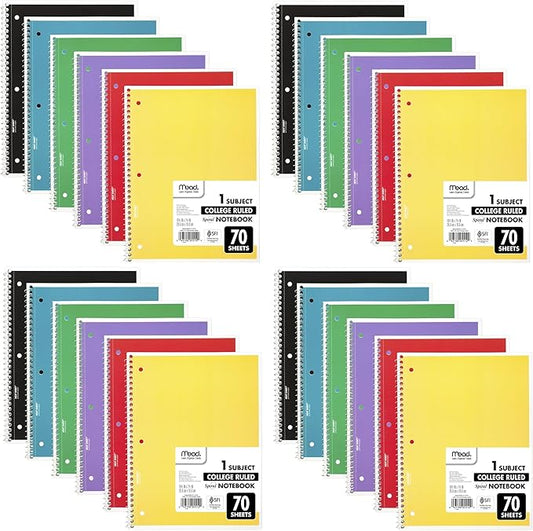 Mead Spiral Notebooks, 24 Pack, 1 Subject, College Ruled Paper, 7-1/2" x 10-1/2", 70 Sheets per Notebook, Colors Will Vary (830062-ECM25)