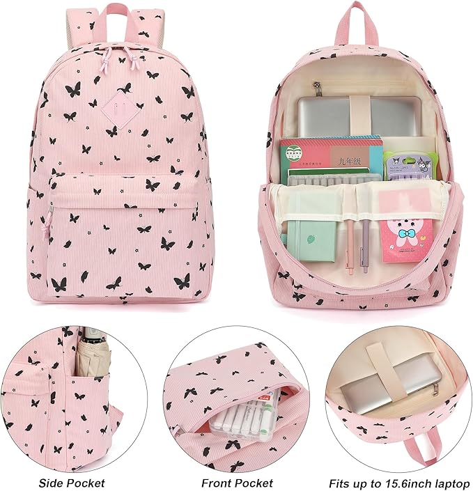 Corduroy Girls Backpack Set, 3PCS School Backpacks for Kids Elementary Middle School Bags with Lunch Box Pencil Case (Pink Corduroy Butterfly)