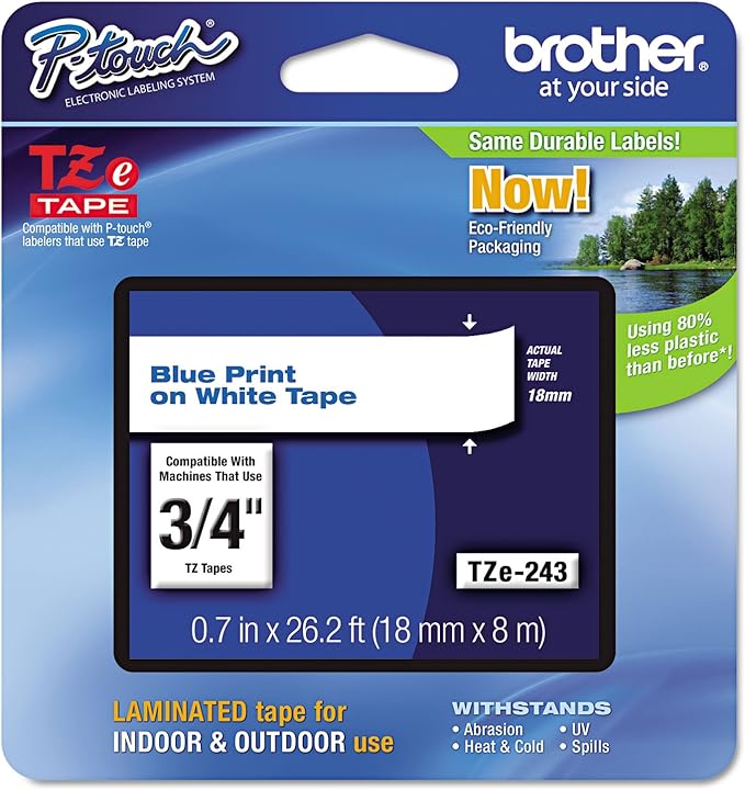 Brother TZE243 TZe Standard Adhesive Laminated Labeling Tape, 3/4-Inch w, Blue on White