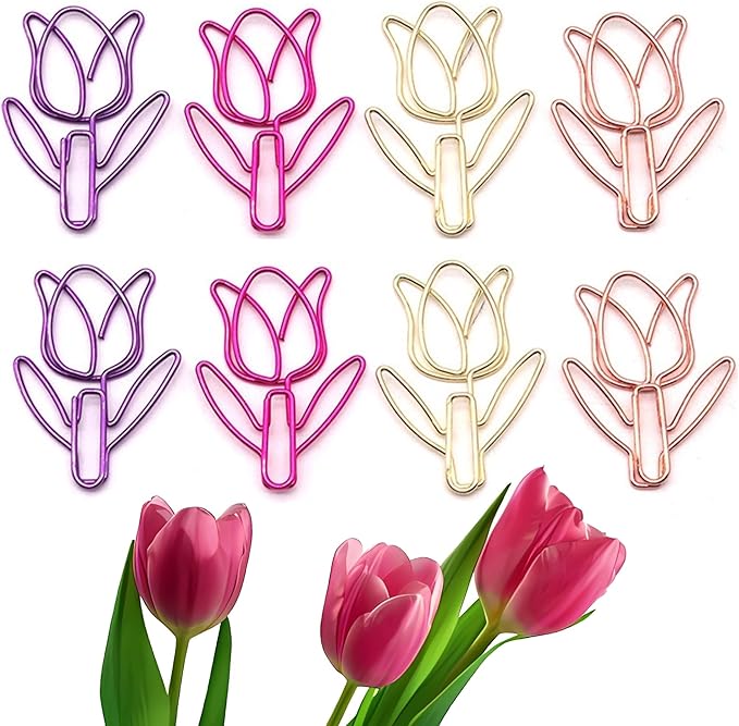 80 Pcs Cute Paper Clips Set with Box, Flower Shaped Paperclips for File Organization, School, Home Office and Wedding Decor(Purple, Pink, Gold, Rose Gold) (Tulip Flower, 80)