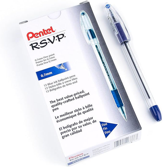 Pentel RSVP Ballpoint Pen, (0.7mm) Fine Line, Blue Ink, Box of 12 (BK90-C)
