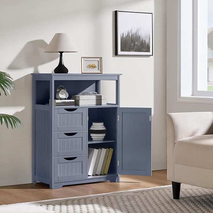 Yaheetech Bathroom Storage Cabinet Bathroom Floor Cabinet Freestanding Storage and Organizer with Door, 3 Drawers, Adjustable Shelf, 35.5 Inches Height, Gray