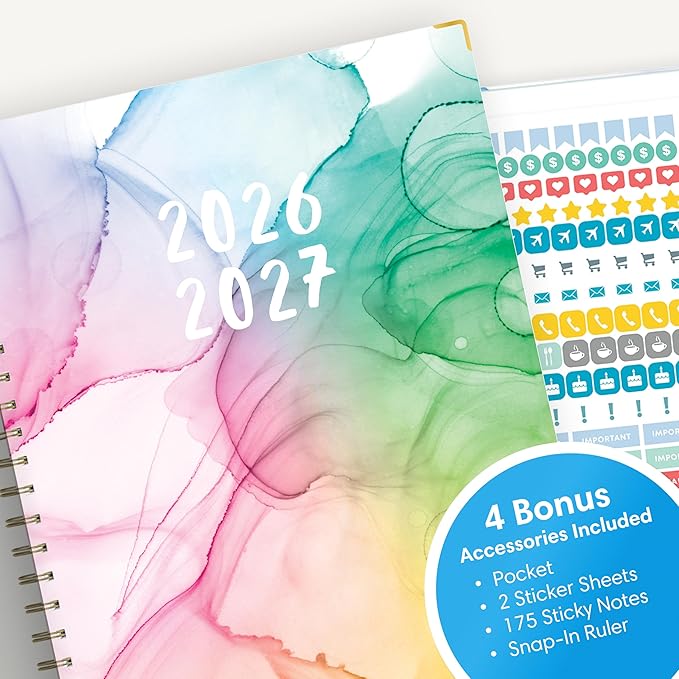 Blue Sky 15 Month 2026-2027 Weekly and Monthly Academic Year Planner Calendar, April 2026 - June 2027, 8.5" x 11", Hard Cover, Wirebound, Laminated Tabs, Storage Pocket, Includes Snap-in Ruler w/Sticky Notes & Sticker Sheet, Rainbow Ink
