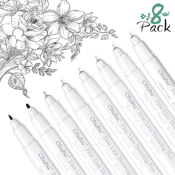Ohuhu Fineliner Pens Micro Drawing Pens: 8-size Tips (Ultra-fine, Fine & Brush) Waterproof Pigment Black Ink for Illustration Drawing Journaling Sketching for Artist Beginners