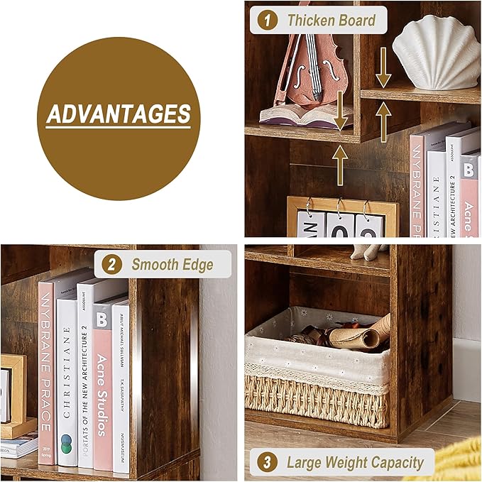VECELO 42" Modern Bookshelf, 7 Cube Organizer Bookcase,Fits Tallest Hardcovers, Horizontal Available,Floor Standing Display,Easy Assembly,Brown