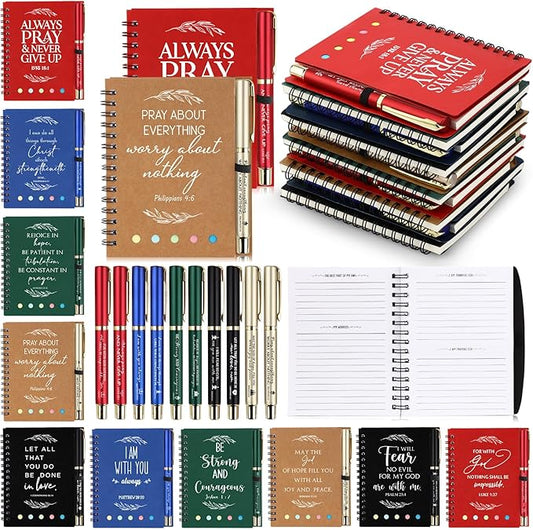 Spakon 30 Set Christian Gifts Bulk Easter Mother's Day Church Sticky Note Spiral Notebook Bible Verse Ballpoint Pen Prayer Journal Religious Scripture Notepad Sunday School Teacher Party Favors