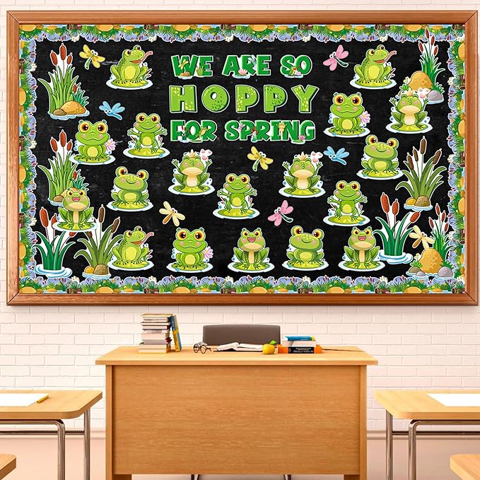 Pasimy 68 Pcs Frog Bulletin Board Set Spring Summer Classroom Decorations Green Jumping Frog Pond Grass Dragonfly Flower Lotus Paper Cutouts Jungle Bulletin Border Trims for Chalkboard School Wall