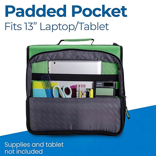 Case-it Universal Zipper Binder | 2-Inch O-Rings, 13-Inch Laptop/Tablet Padded Pocket, 400 Sheet Capacity, Multiple Storage Pockets & Shoulder Strap | School & Office Organizer | LT-007 Canopy Green