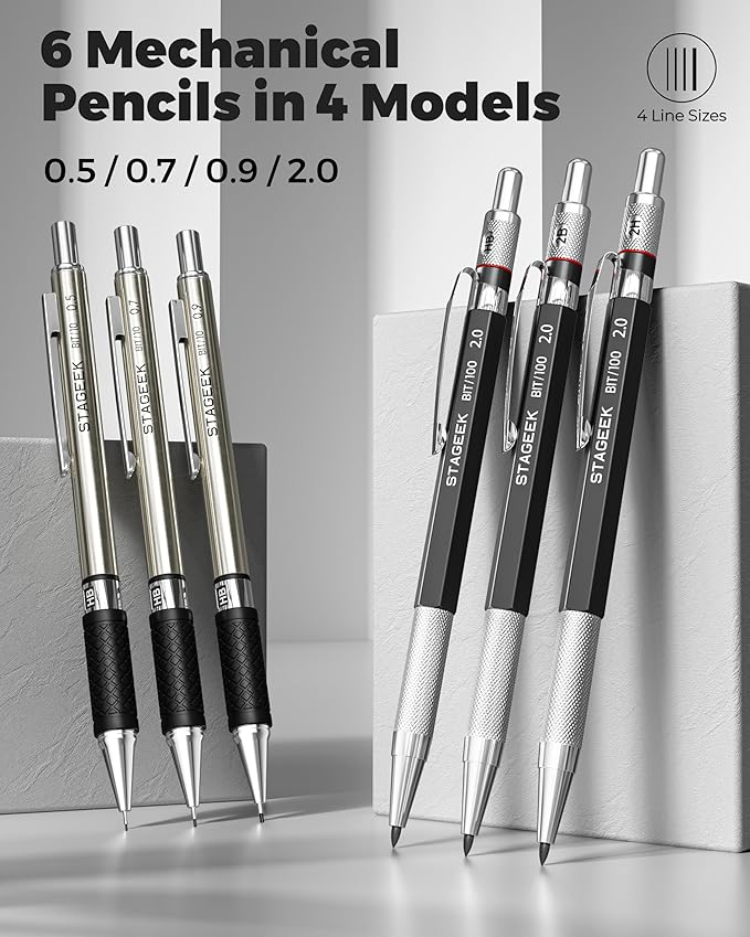 Mechanical Pencil Set with Case 34 Count, Drawing Pencils 0.5, 0.7, 0.9MM & 3PCS 2MM Sketching Pencils with 384PCS Lead Refills (6B 4B 2B HB 2H 4H Color) for Artist Drafting Drawing Writing