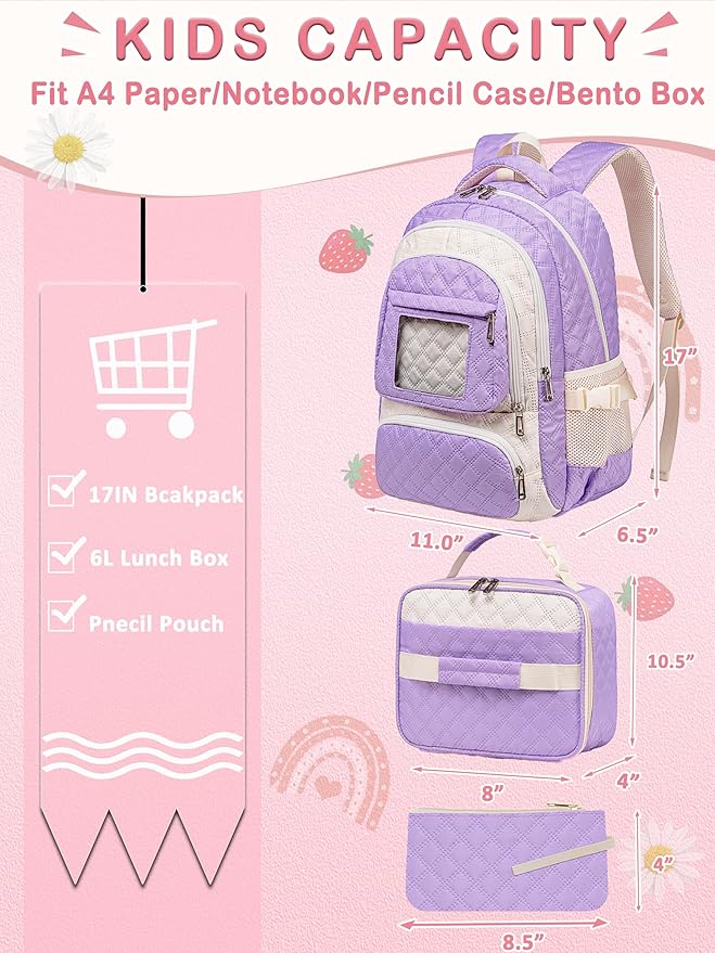 Pink Backpack with Lunch Box for Girls Teenagers Kids for Age 6-8 8-10 10-12 School Bag for Middle High School Primary Aesthetic Bookbag Lightweight Mochila Para Niñas