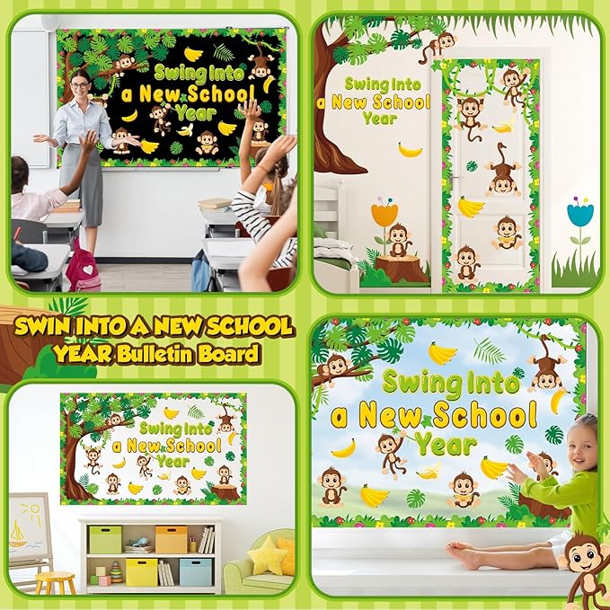 Monkey Tree Bulletin Board Swing Into A New School Year Classroom Bulletin Board Decorations Jungle Monkey Name Tag Paper Cutouts for Summer Back to School Wall Decor Teacher Supplies