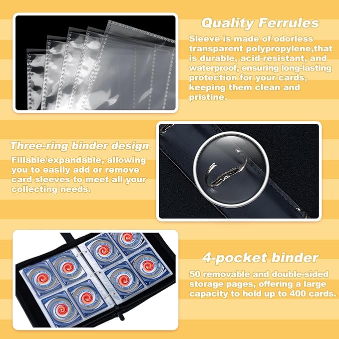 4 Pocket Trading Card Binder,400 Pockets Trading Card Collection Book with Sleevese,3-ring Zipper Sports Card Album with 50 Removable Double-Sided Card Holder (Black)