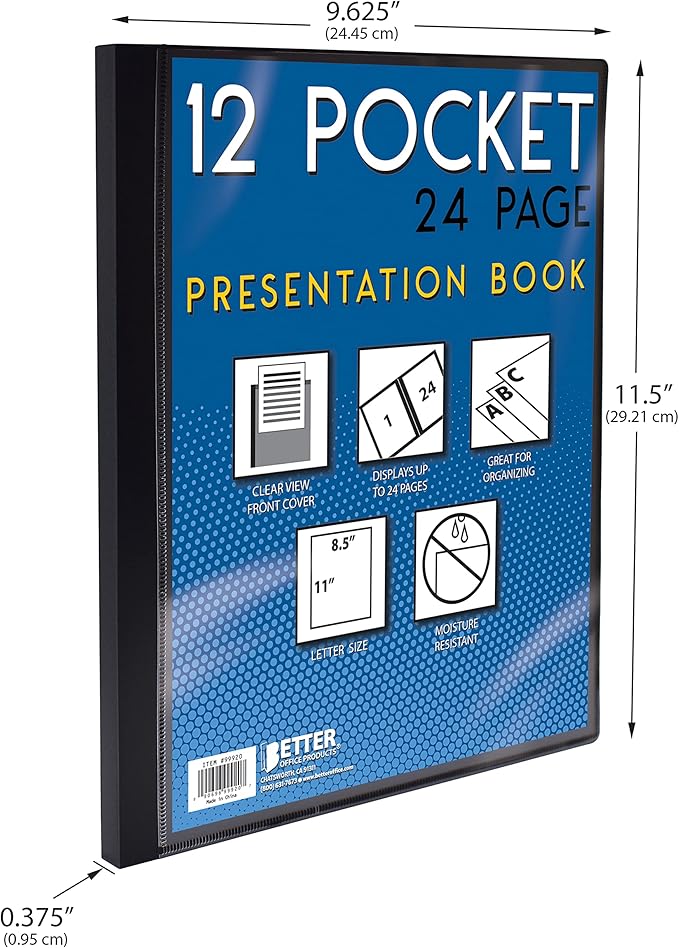 Better Office Products 12 Pocket Bound Presentation Book, Blue with Clear View Front Cover, 24 Sheet Protector Pages, 8.5" x 11" Sheets, Art Portfolio, Durable Poly Covers, Letter Size, Blue