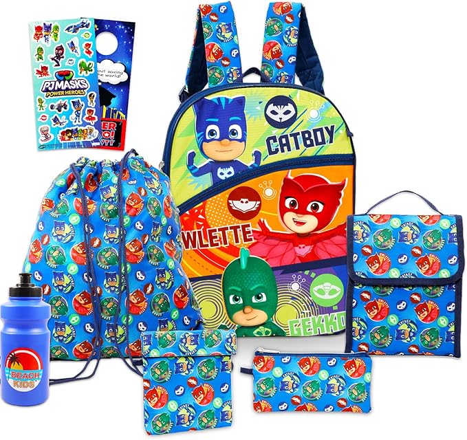 Disney PJ Masks School Backpack with Lunch Box for Kids - 5 Pc Bundle with 16" Backpack, Cinch Bag, Lunch Bag, Pencil Holder, Stickers, More | PJ Masks School Bag Set