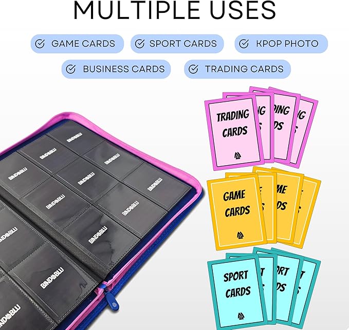 9 Pocket Trading Card Zip Binder - 360 Side Loading Pocket Binder for Colletible Games, Sport, TCG - Trading Card Binder - Gift Card holder for Boys and Girls - Blue card binder