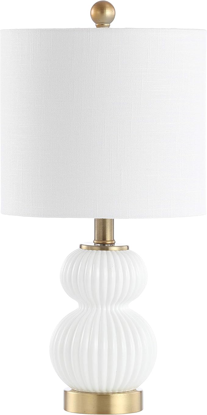JONATHAN Y 20" White/Brass Gold Ribbed Gourd Glass Table Lamp, Modern Bedside Lamp for Bedroom Living Room, White Linen Drum Shade, LED Bulb Included JYL1099A