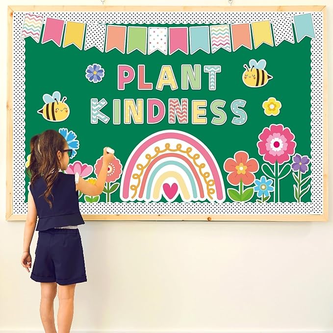 98 Pcs Spring Floral Flowers Bulletin Board Decorations Plant Kindness Bulletin Board Set Spring Floral Classroom Decor Rainbow Flowers Bee Cutouts for Primary School Home Wall Decorations