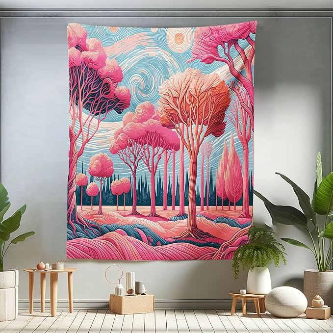 Ambesonne Trees Tapestry Twin Size, Surreal Post-Impressionism Themed Woodland of Dreamy Sky and Tree Pattern, Wall Hanging Bedspread Bed Cover Wall Decor, 68" X 88", Pink Coral Blue Grey