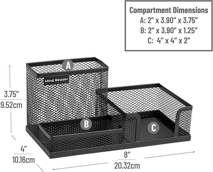 Mind Reader Desktop Organizer, Pen Holder, Clip Basket, Storage, Office, Metal Mesh, 8.07"L x 4.13"W x 3.94"H, Black