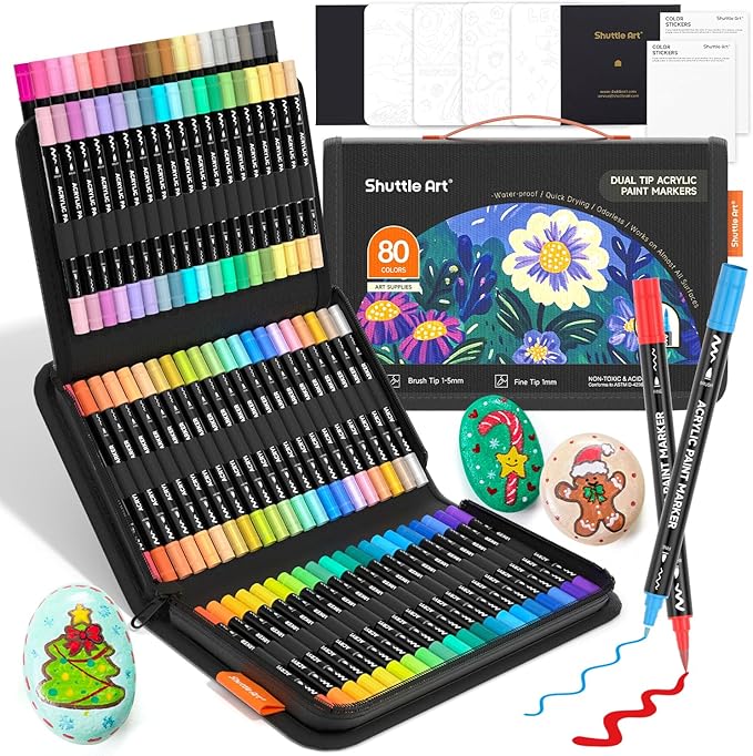 Shuttle Art 80 Colors Dual Tip Acrylic Paint Markers, Brush Tip and Fine Tip Acrylic Paint Pens for Rock, Ceramic, Wood, Canvas, Plastic, Glass, Stone, Calligraphy, Card Making, Crafts & Nail Art