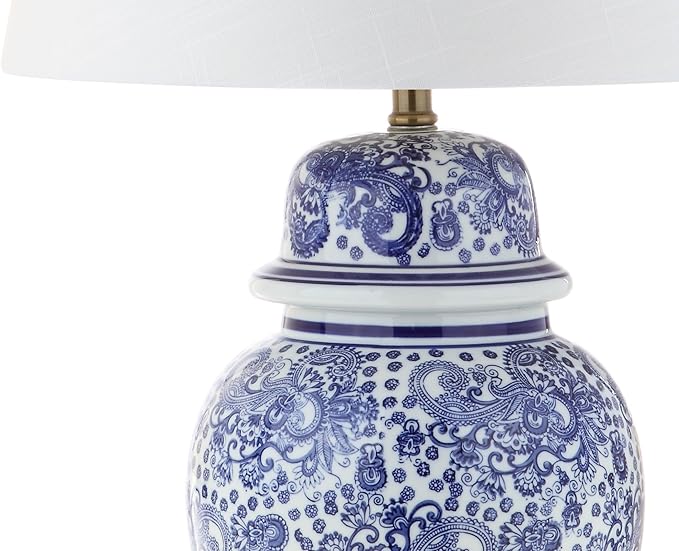 JONATHAN Y 29.5" Blue/White Ceramic Table Lamp for Living Room and Office, White Linen Drum Shade, Traditional Chinoiserie Ginger Jar Lamp, LED Bulb Included JYL3008A