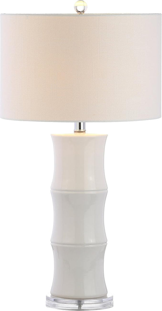 JONATHAN Y 26.5" White Ceramic Table Lamp for Living Room, Bedroom Nightstand, White Linen Drum Shade, Bamboo Design Modern Bedside Desk Lamp with LED Bulb Included (JYL3015C)