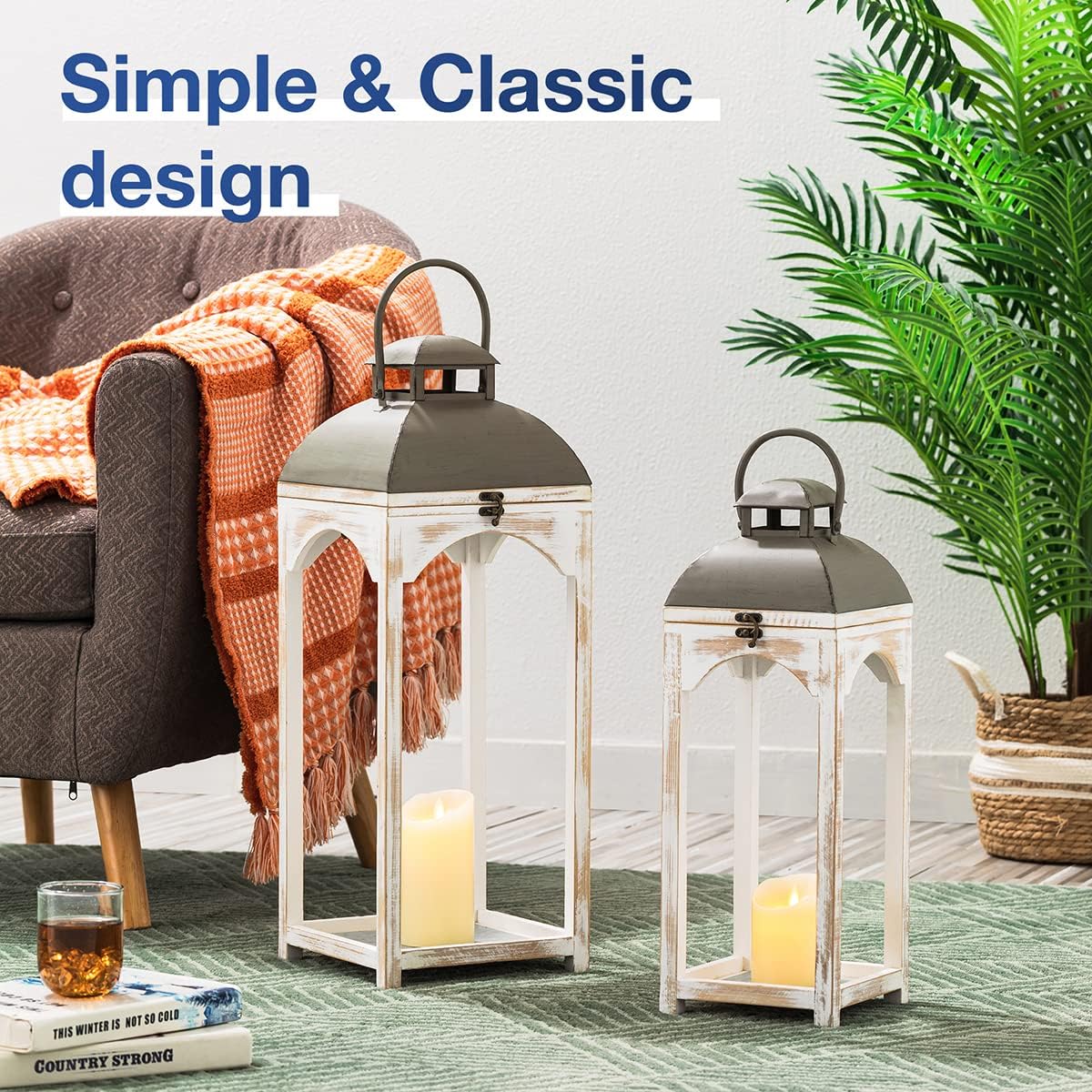 Glitzhome Set of 2 Mondern Farmhouse Wood Metal Lanterns Decorative Candle Lanterns, White (No Glass)