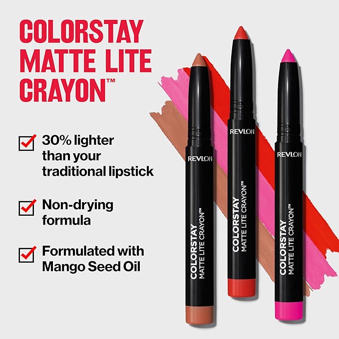 REVLON ColorStay Matte Lite Crayon Lipstick with Built-in Sharpener, Smudge-proof, Water-Resistant Non-Drying Lipcolor, 007 Mile High, 0.049 oz