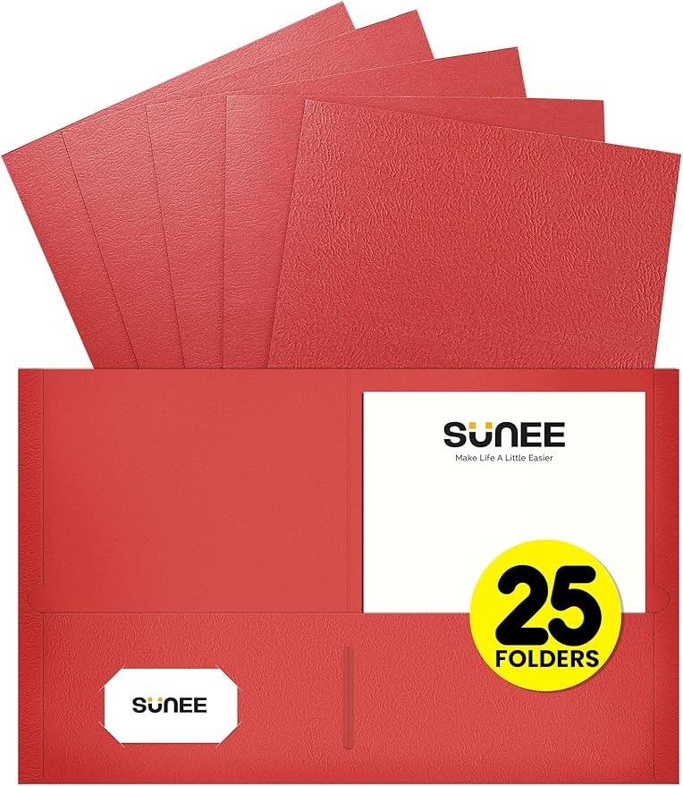 SUNEE Folders with Pockets(25 Pack, Red), 2 Pocket Folders Fit Letter Size Paper, Paper File Folder for School Office Home Business