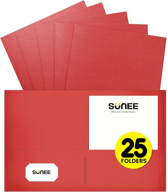 SUNEE Folders with Pockets(25 Pack, Red), 2 Pocket Folders Fit Letter Size Paper, Paper File Folder for School Office Home Business