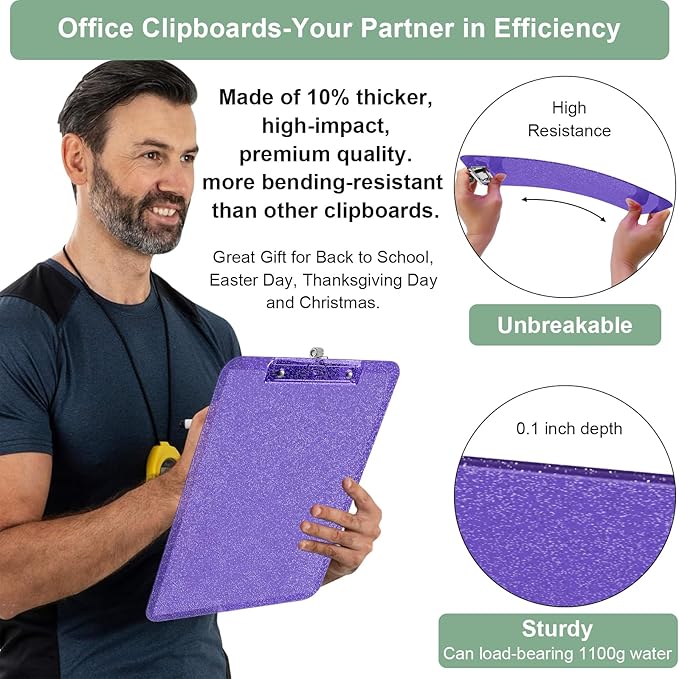 1 Pcs Clear Glitter Clipboards, Plastic Clipboard with Pen Holder,Size 8.85 x 12.4 in Shiny Clipboards with Low Profile Clip,Cute Hanging Clipboard for Office School Supplies Sparkly Clip board-Purple
