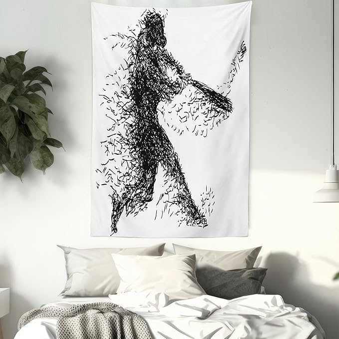 Ambesonne Black and White Tapestry, Abstract Illustration of a Baseball Player Posing Grunge, Fabric Wall Hanging Decor for Bedroom Living Room Dorm, 30" X 45", White Charcoal