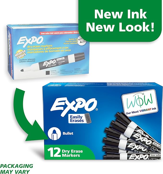 EXPO Low Odor Dry Erase Markers Bullet Black 12 Pack for Whiteboards Glass and Non-porous Surfaces. Ideal for Classrooms Offices and Homes
