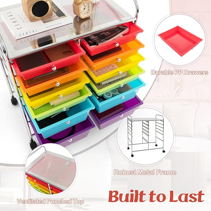 COSTWAY 12-Drawer Rolling Storage Cart, Moveable Art Craft Organizer W/Lockable Wheels, Metal Shelf, Files Arrangement Tools Makeup Storage Cart for Office, Home, School (Multi-Color)