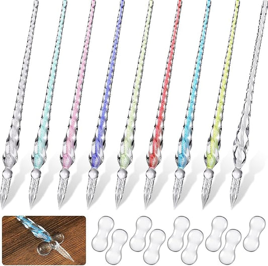 Outus 9 Pieces Glass Dip Pen Handmade Glass Signature High Borosilicate Crystal Vintage Dip Pen with 9 Pieces Penholder for Writing Drawing Calligraphy(Classic style,Classic Color)