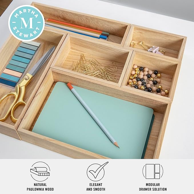 Martha Stewart Enzo Wooden Desk Drawer Organizer Set, Paulownia Wood Organizers in Various Sizes, 6 Piece, Light Natural