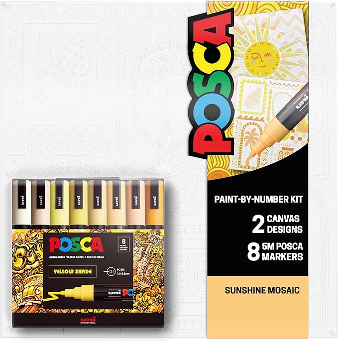 POSCA Canvas Paint by Number Kit, Sunshine Mosaic - 8 Markers with 2 Pre-Drawn Canvases - for All Artists and Holiday Gifting