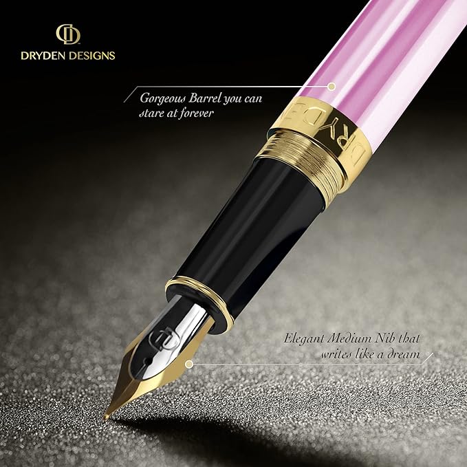 Dryden Designs Fountain Pen. Medium Nib Premium Box | 6 Ink Cartridges Included (Luscious Pink)