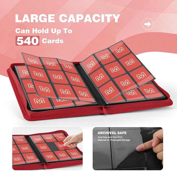 Trading Card Binder with 9 Side Loading Pocket Card Album Hold Up to 540 Cards PU Card Collection Binder, Collectible Albums Card Folder for MTG, TCG, Sports Cards（9-Red）