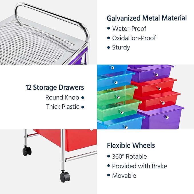 Yaheetech 12 Drawers Rolling Storage Cart Multipurpose Movable Organizer Cart Tools Scrapbook Paper Organizer on Wheels, Multicolor