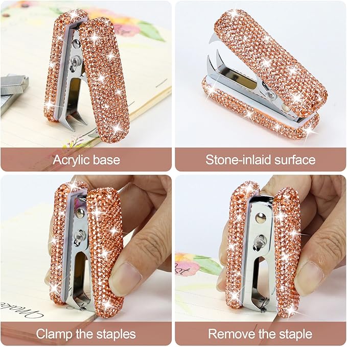 Multibey Rhinestone Staple Remover, Handmade Bling Crystal Cute Staple Remover Tool for Desk, Dazzling Staples Puller Tool Mini Office Supplies & Desk Accessories for Women Office (Champagne Gold